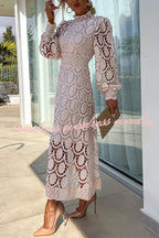 Romantic, Sensual and Elegant Crochet Lace Lantern Sleeve Party Midi Dress