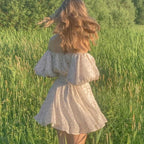 Off Shoulder Polka Dot Smocked Waist Puff Sleeve Ruffle Mini Dress