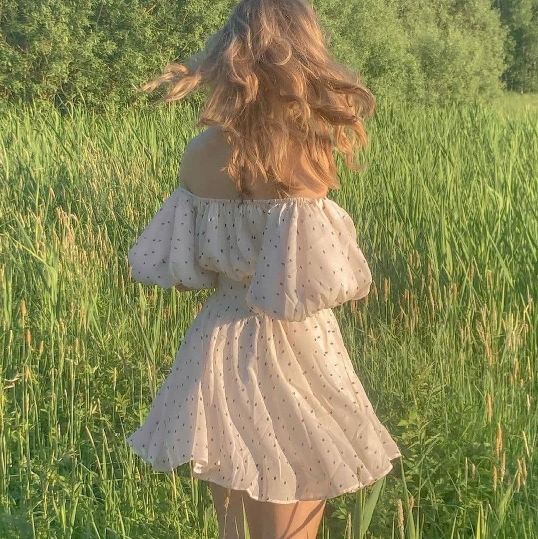 Off Shoulder Polka Dot Smocked Waist Puff Sleeve Ruffle Mini Dress