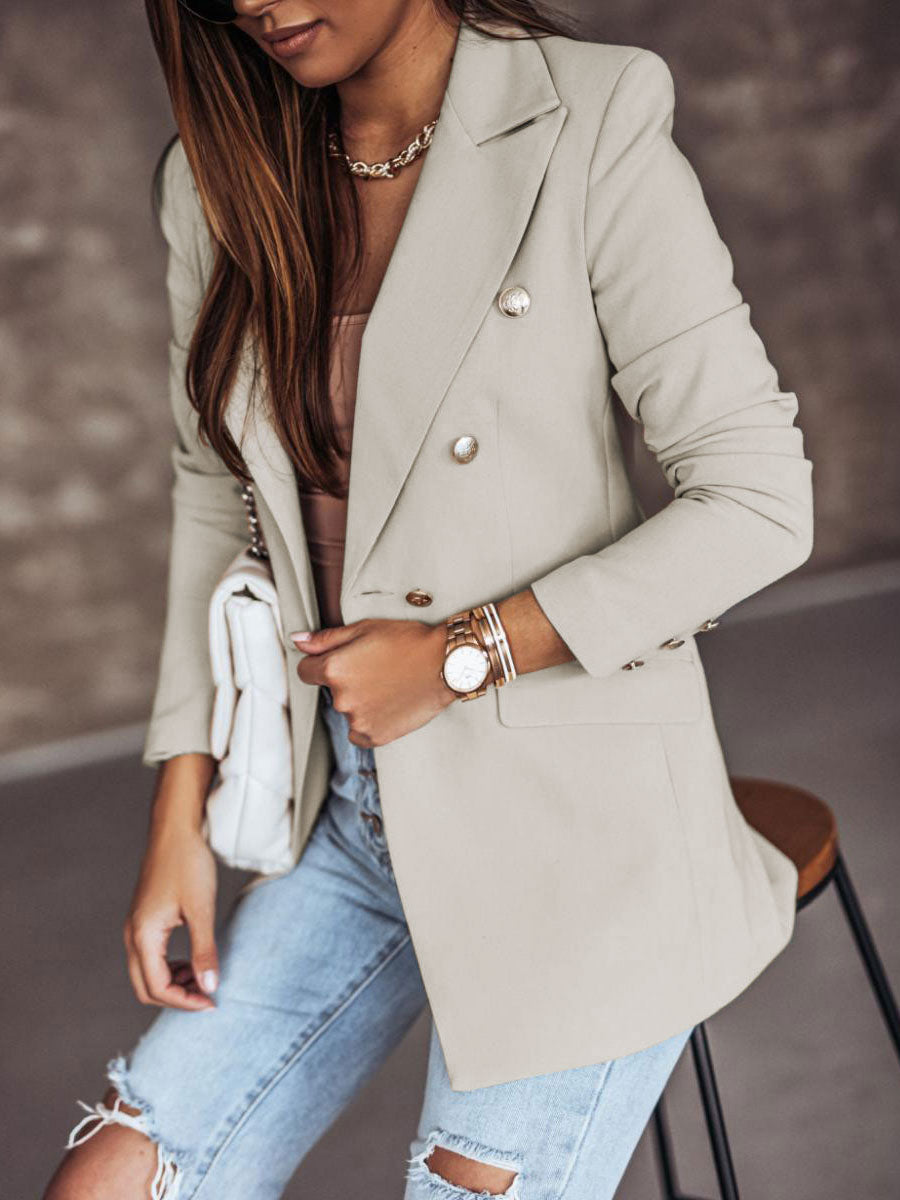 Blazer Jacket White Solid Color Turndown Collar Double Breasted Slim Fit Spring Fall Chic Street Outerwear For Women