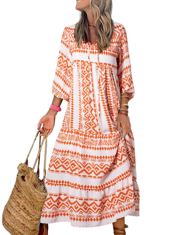 Puff Sleeve Tiered Geometric Print Boho Maxi Dress