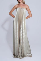 Pleated Metallic Notch Neck Strapless Flowy Maxi Dress