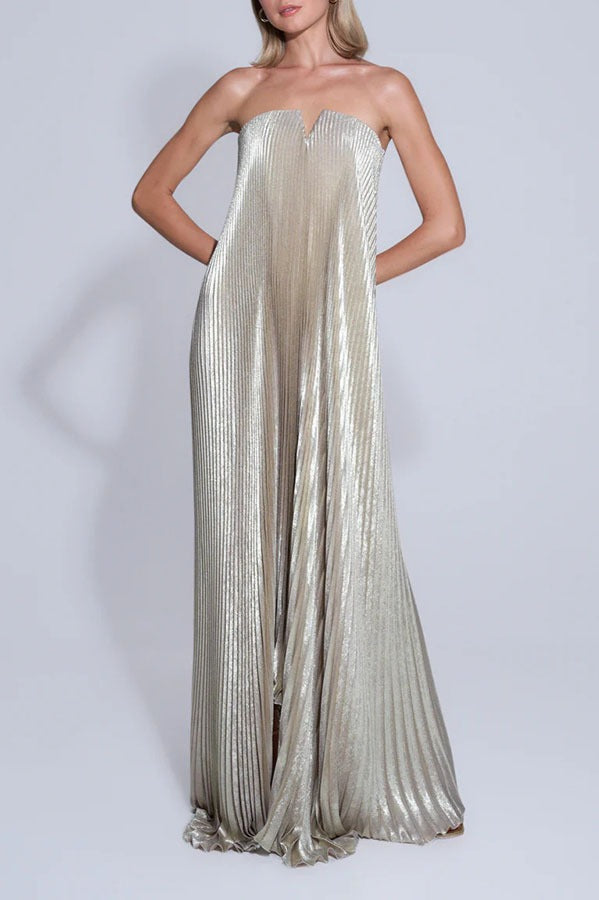 Pleated Metallic Notch Neck Strapless Flowy Maxi Dress