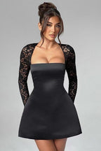 Square Neck Floral Lace Long Sleeve Overlay Satin A-Line Mini Dress