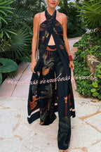 Jungle Elf Unique Print Halter Slit Midi Tank and Elastic Waist Wide Pants Set