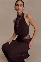 Brown Halter Lace Cowl Bodycon Dress