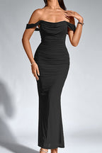 Mesh Off Shoulder Cowl Neck Ruched Mermaid Maxi Dress