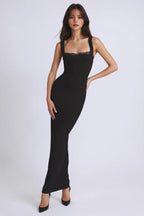 Lace Trim Square Neck Wide Strap Bodycon Maxi Dress