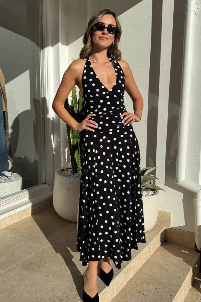 Polka Dot Halter V-Neck Ruched Crop Top Wide Leg Pants Two Piece Set
