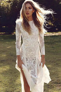 Round Neck Long Sleeve Lace Back Prom Dress