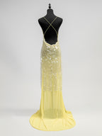 Sequin Sheer Maxi Slip Dress for Women - Butter Yellow Boho Backless V Neck Mermaid Cut Evening Gown - Summer Beach 2026