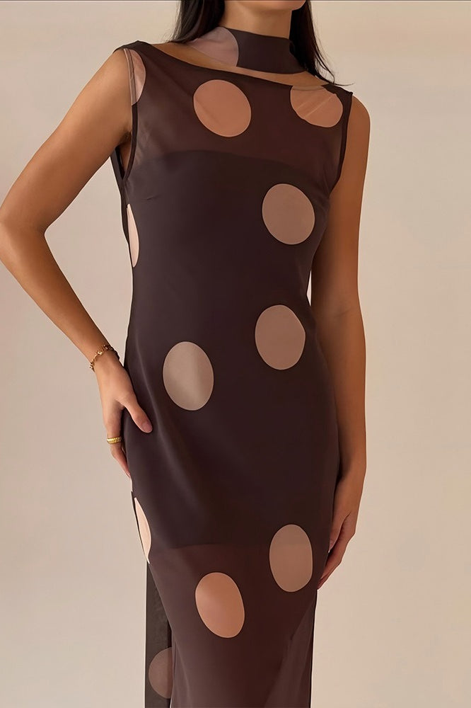 Sheer Mesh Polka Dot Scarf Collar Boat Neck Maxi Dress