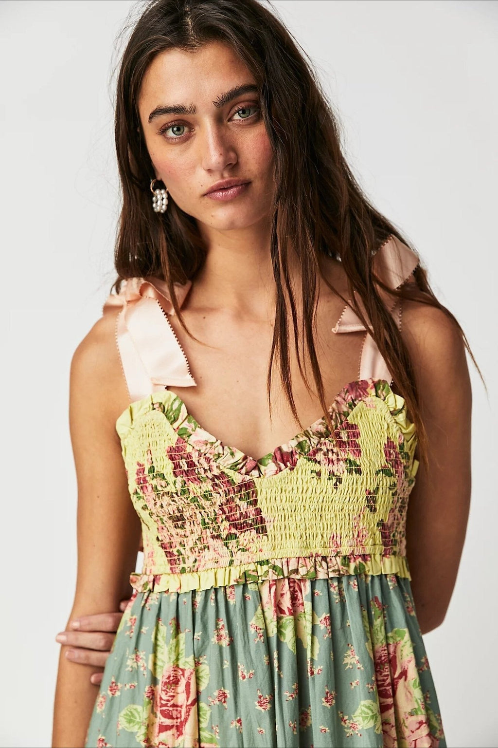 Smocked Sweetheart Bow Shoulder Strap Patchwork Floral Tiered Maxi Dress