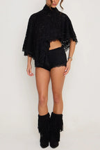 Stylish Openwork Lace Loose Top and Side Zipper Slim-fit Shorts Set