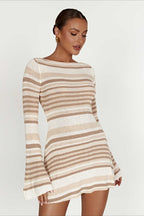 Horizontal Stripe Boat Neck Long Sleeve Bodycon Mini Sweater Dress