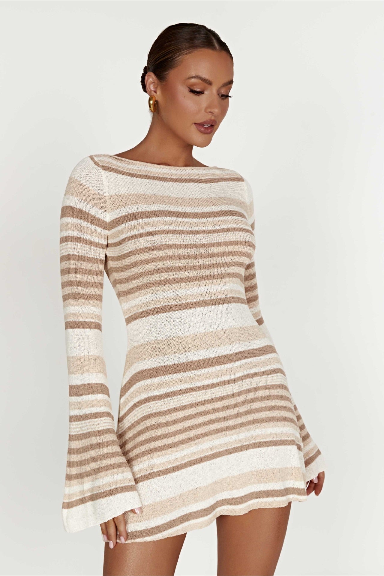 Horizontal Stripe Boat Neck Long Sleeve Bodycon Mini Sweater Dress
