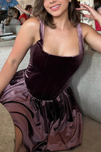 Velvet Square Neck Corset Seam Gathered Fit and Flare Mini Dress