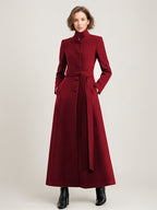 Wool Blend Long Coat Black Belted Stand Collar Winter Full Length Outerwear For Women 2026