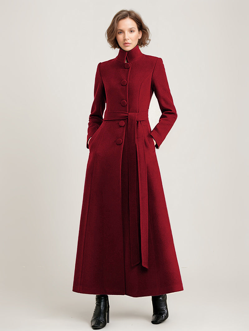 Wool Blend Long Coat Black Belted Stand Collar Winter Full Length Outerwear For Women 2026