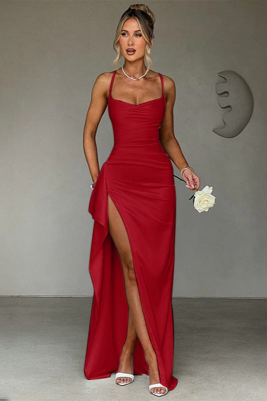 Satin Spaghetti Strap Ruched Drape High Split Bodycon Maxi Mini Dress
