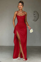 Satin Spaghetti Strap Ruched Drape High Split Bodycon Maxi Mini Dress