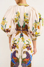 Bird Print Puff Sleeve Belted Border Hem Midi Dress