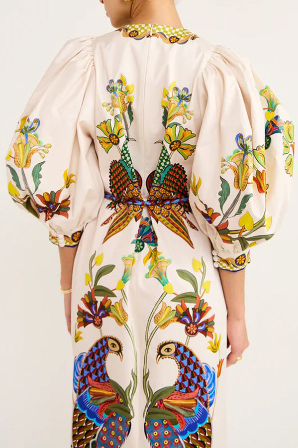 Bird Print Puff Sleeve Belted Border Hem Midi Dress