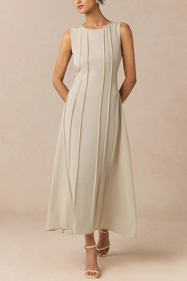 Solid Color Round Neck Sleeveless Elegant Pleated Casual Maxi Dress