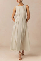 Solid Color Round Neck Sleeveless Elegant Pleated Casual Maxi Dress