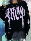 Letter Jacquard Ripped Holes Pullover Sweater