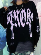 Letter Jacquard Ripped Holes Pullover Sweater
