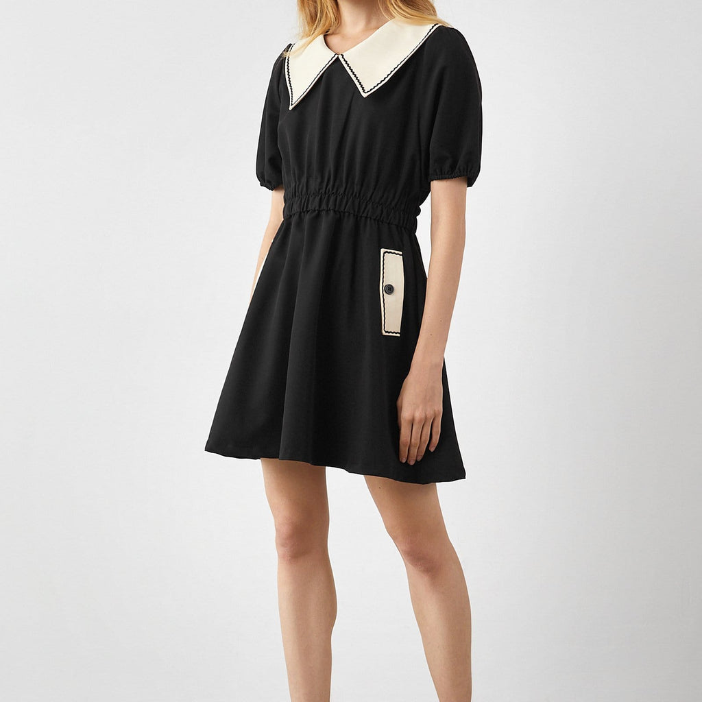 Contrast Scalloped Collar Puff Sleeve Patch Pocket Fit and Flare Mini Dress