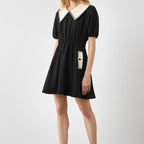 Contrast Scalloped Collar Puff Sleeve Patch Pocket Fit and Flare Mini Dress