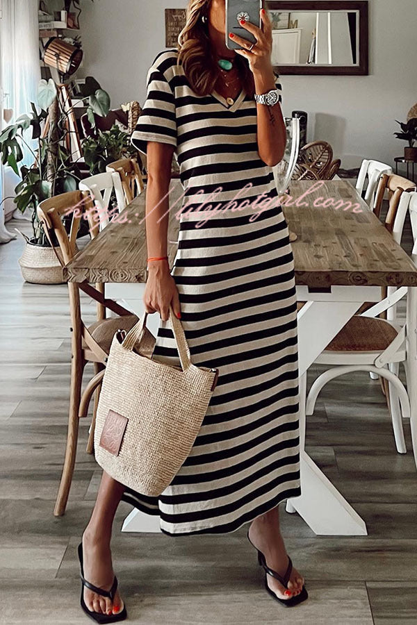 Stripe V Neck Short Sleeve Side Slit Maxi Dress