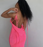 Rib Knit Tie Strap Cowl Back Side Cutout Column Maxi Dress