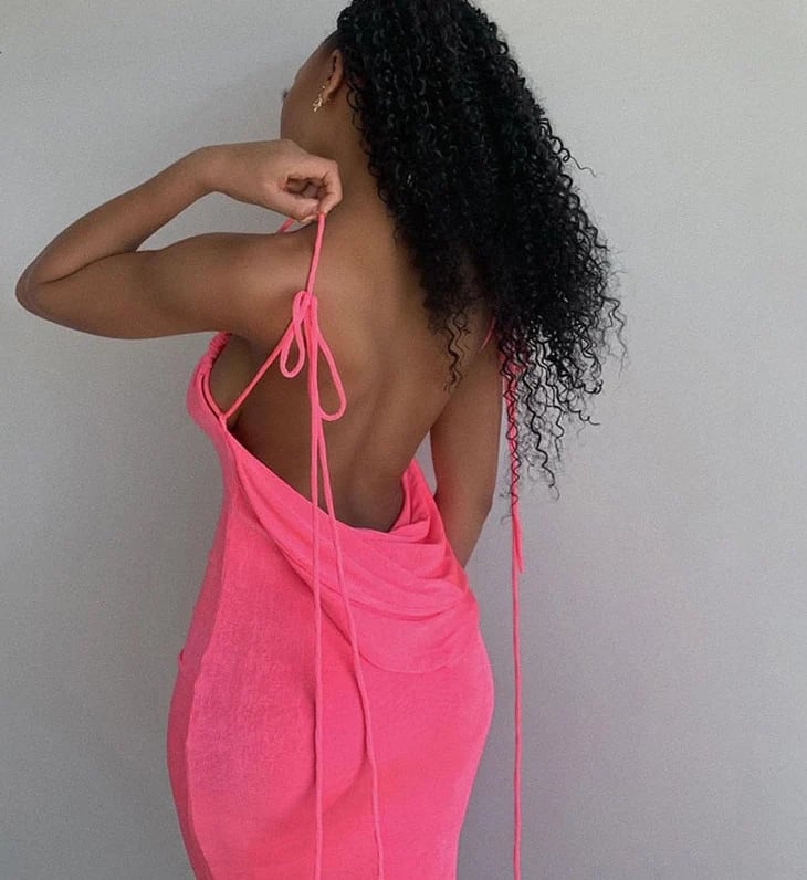 Rib Knit Tie Strap Cowl Back Side Cutout Column Maxi Dress