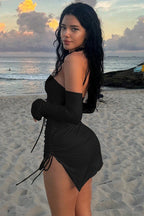 Strapless Ruched Drawstring High Split Bodycon Mini Dress