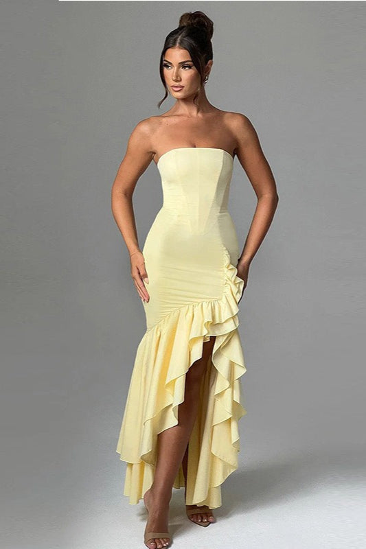 Strapless Corset Bustier High Split Ruffle Trim Mermaid Maxi Cocktail Dress