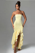 Strapless Corset Bustier High Split Ruffle Trim Mermaid Maxi Cocktail Dress