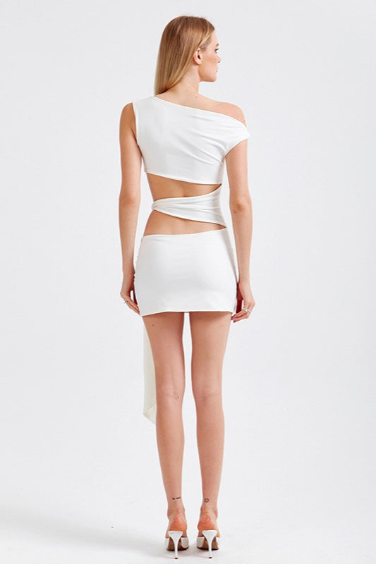 Asymmetric Neck Cutout Tie Front Fitted Bodycon Mini Dress