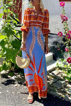 Printed Puff Sleeve Deep V-Neck Palm Graphic Tiered Hem Maxi Dress