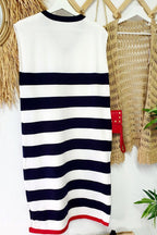 Striped V-Neck Cap Sleeve Side Slit Midi Dress