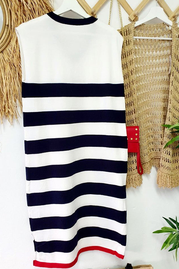 Striped V-Neck Cap Sleeve Side Slit Midi Dress