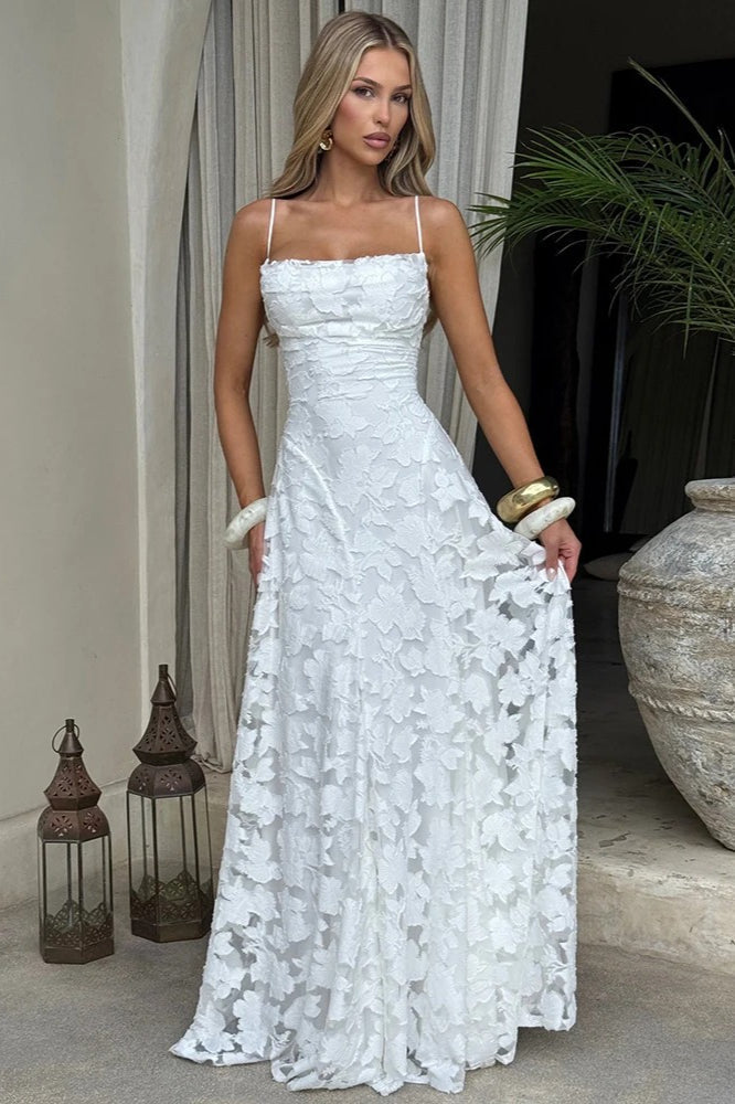 Lace Cowl Neck Spaghetti Strap A-Line Maxi Dress