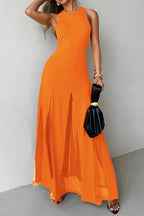 Solid Color Round Neck Sleeveless Slim Fit Sheer Patchwork Hem Maxi Dress
