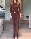 Solid Color Round Neck Long Sleeve Maxi Ruched Fitted Fishtail Dress