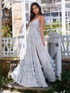 Floral Layered Ruffles Maxi Party Dress High Slit Strap Dress 2026