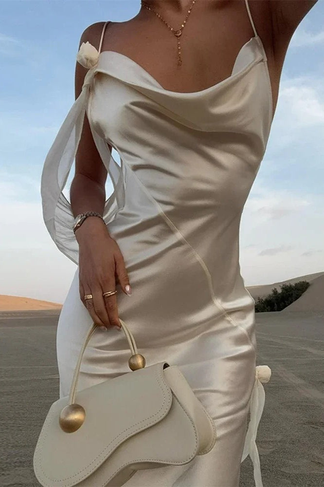 Spaghetti Strap Cowl Neck Bow Tie Detail Satin Maxi Dress