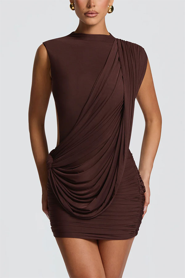 Mireya Mesh and Knit Fabric High Neck Diagonal Drape Backless Mini Dress