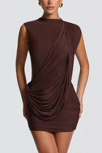Mireya Mesh and Knit Fabric High Neck Diagonal Drape Backless Mini Dress